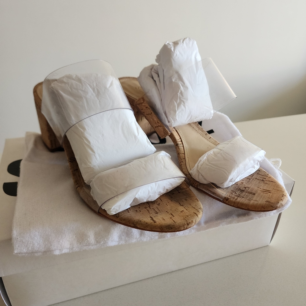 SCHUTZ Victorie Clear Strap Tan Block Heel Mules - Picture 2 of 13